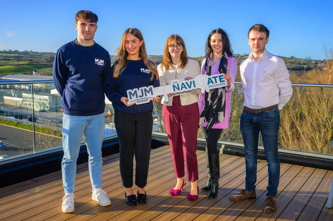 Economy Minister Caoimhe Archibald is pictured with Jack McElherron, Design Apprentice, Holly McCafferty, Technical apprentice, Naoimh McConville, Rathbane Group MD, and Shea Rooney, Joiner Apprentice - on a visit to the company to promote NI Apprentice Week



