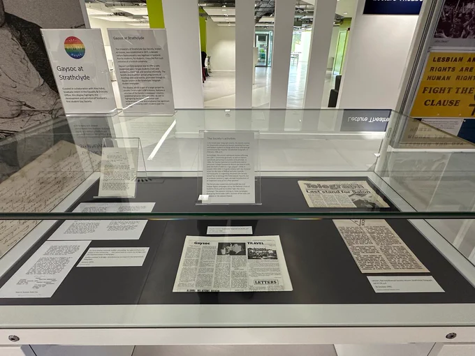 Photograph of LGBT  History in the Archives display on level 3 of the Andersonian Library library.