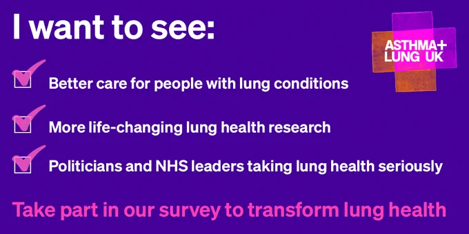 Image reads 'I want to see: better care for people with lung conditions. More life-changing lung health research. Politicians and NHS leaders taking lung health seriously. Take part in our survey to transform lung health.'