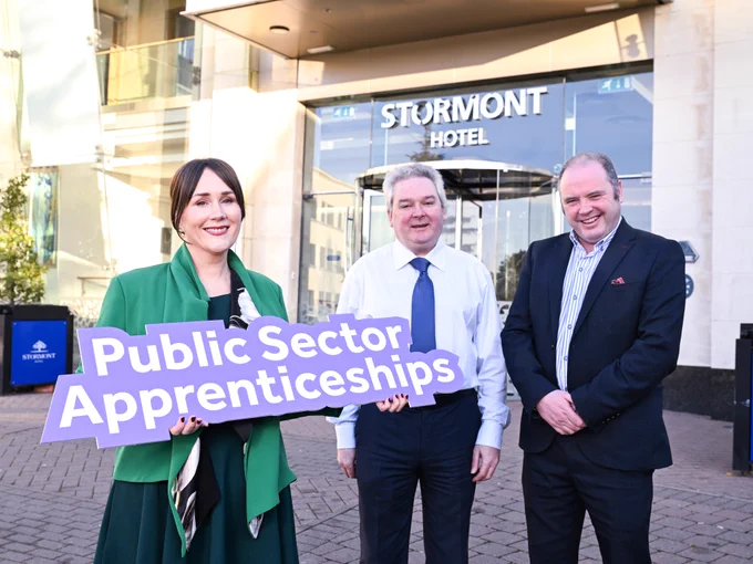 Photograph of Moira Doherty, Deputy Secretary Skills and Education Group, DfE with Eamonn Brankin, BMC and Ciaran McManus, SWC.