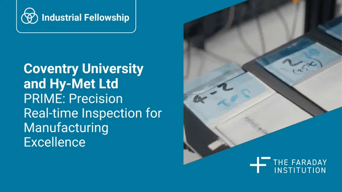 A social media card for Industrial fellowship. Coventry University and Hy-Met Ltd. PRIME: Precision real-time inspection for manufacturing excellence. A picture of pouch cells. 