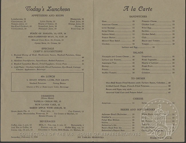 a paper menu with an image of the Capitol on the cover
