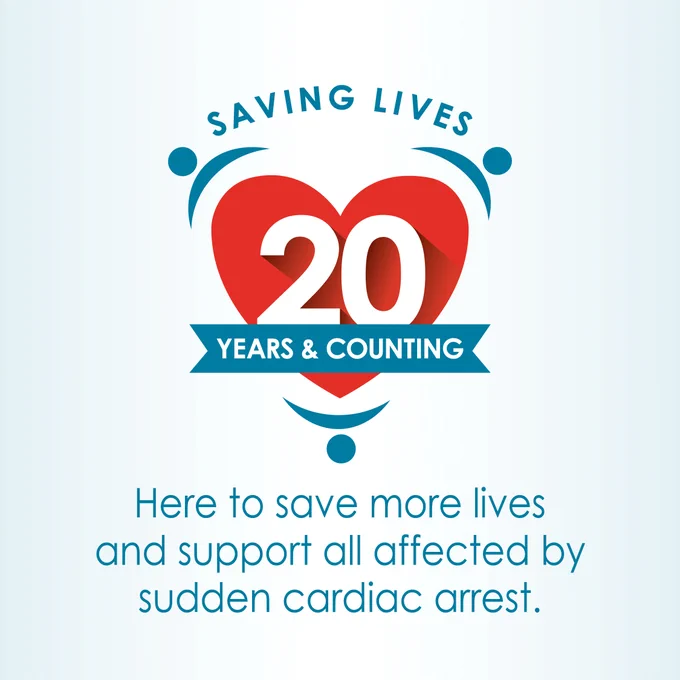 Sudden Cardiac Arrest Foundation 20th anniversary graphic celebrating 20 years of saving lives. Committed to saving more lives and supporting those affected by sudden cardiac arrest.