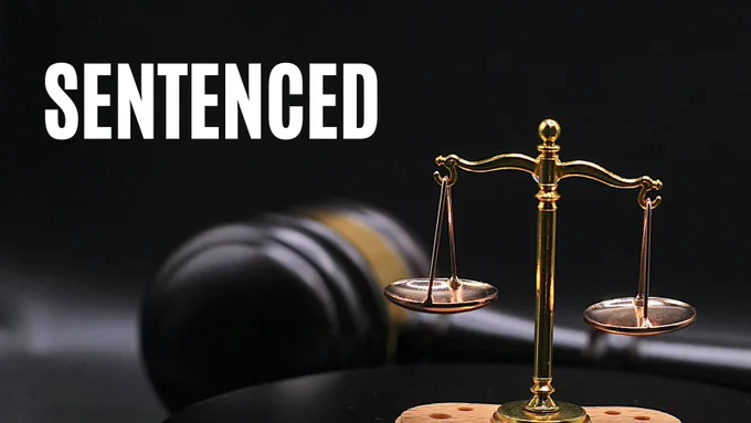 "Sentenced" and image that depicts gavel and scales.