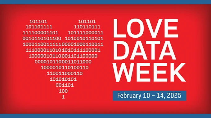 Love Data Week graphic with a heart comprised of ones and zeroes on the left and February 10 to 14, 2025 below.