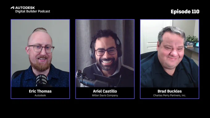 Digital Builder Podcast Episode 110 featuring three guests: Eric Thomas from Autodesk, Ariel Castillo from Miller Davis Company, and Brad Buckles from Charles Perry Partners, Inc. Each guest is smiling and displayed in separate frames.