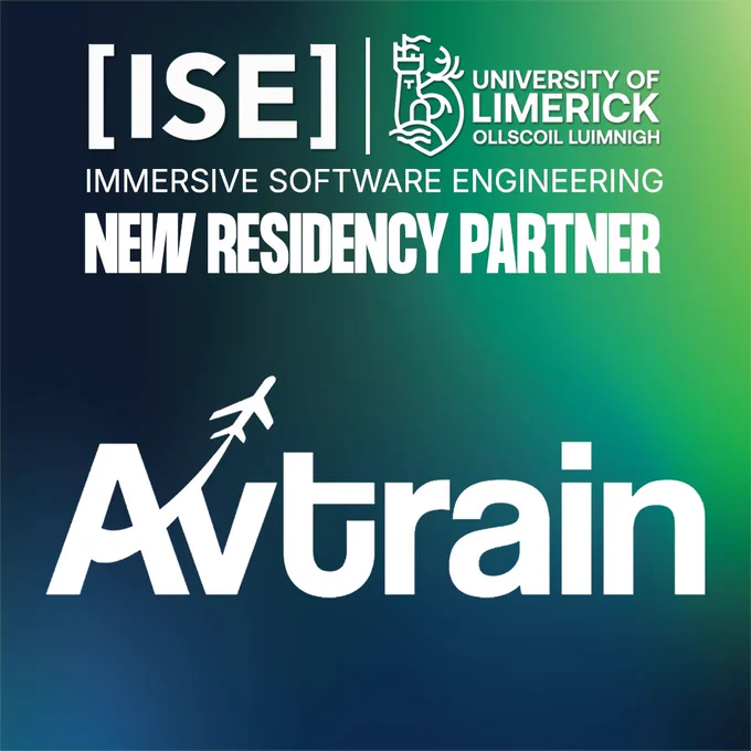 Navy and green gradient backdrop with logos for Immersive Software Engineering, the University of Limerick and AvTrain. Text reads “Immersive Software Engineering”.