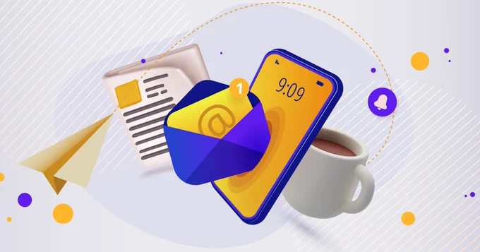 Un téléphone cellulaire avec une notification par courriel, un journal et une tasse de café.