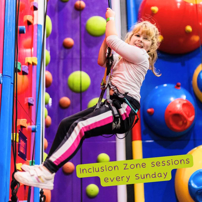 Girl on a climbing wall in Clip 'n Climb at High Rise Lisburn
Inclusion Zone sessions every Sunday