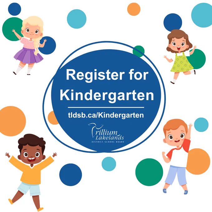 Polka dot background with cartoons of children waving. Dark blue circle in the centre contains the TLDSB logo and white text that says Register for Kindergarten. Web link - Tldsb.ca/Kindergarten.