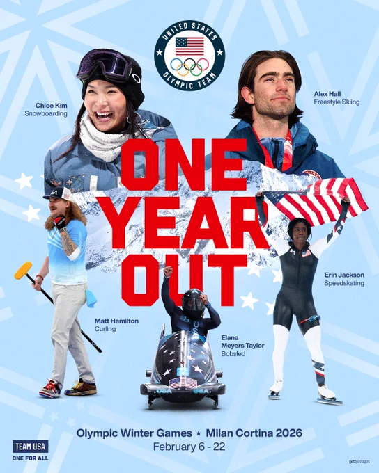 Graphic celebrating One Year Out to the Winter Olympics. Graphic features Team USA athletes Chloe Kim (snowboarding), Alex Hall (freestyle skiing), Matt Hamilton (curling), Elana Meyers Taylor (Bobsled) and Erin Jackson (Speedskating)