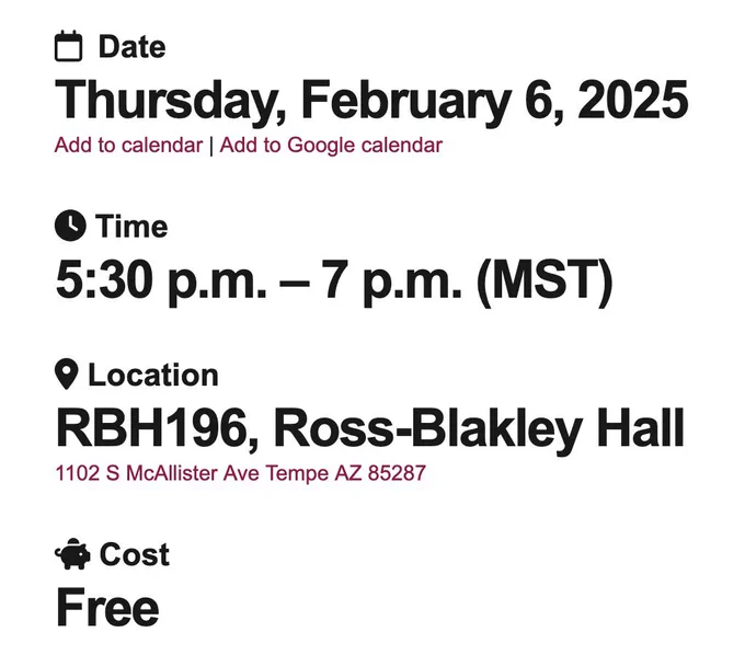 Event information. Thursday, February 6, 2025 at 5:30-7:00pm MAT, in RBH196, Ross-Blakey Hall. Cost is free