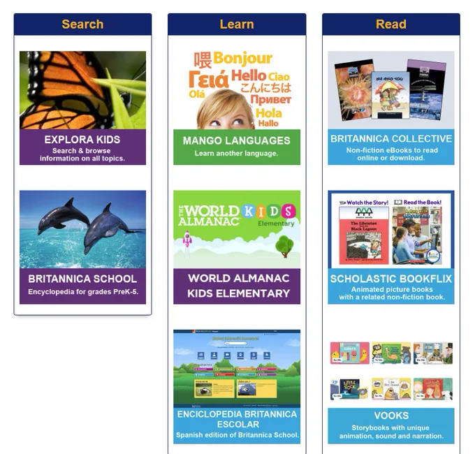 Image of portals to databases: Vooks, Explora Kids, Britannica School, Mango Languages, World Almanac, Scholastic