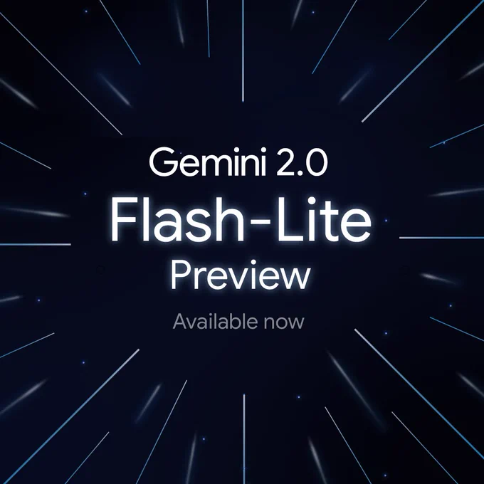 White text on a dark blue background announces "Gemini 2.0 Flash-Lite Public Preview Available now".  Lines of light radiate outwards from the center of the image.