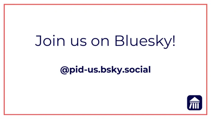 This image has a white background, a salmon colored rectangular border, and navy blue text that reads: Join us on Bluesky! It includes the Partners In Democracy Bluesky handle, which is @pid-us.bsky.social, and the PID icon in white-on-navy-blue in the bottom right corner. 
