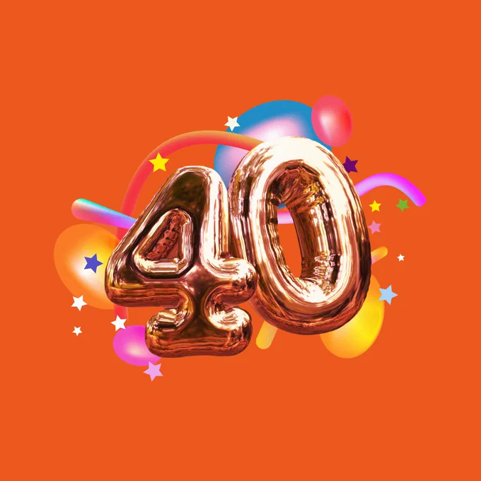 Orange graphic with 3D balloons that spell "40" 