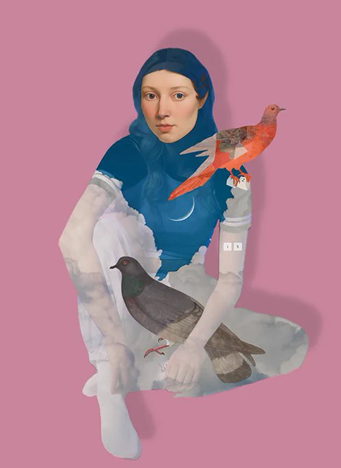 Collage illustration of a sitting woman accompanied by pigeons and keyboard keys
