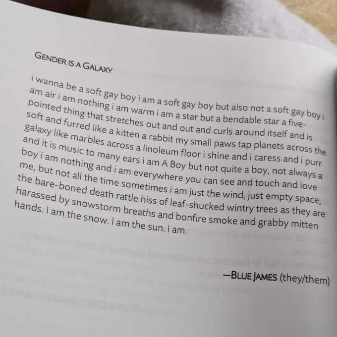 A photo of my poem in the Winter 2025 Anthology from Querencia Press

GENDER IS A GALAXY

i wanna be a soft gay boy i am a soft gay boy but also not a soft gay boy i am air i am nothing i am warm i am a star but a bendable star a five-pointed thing that stretches out and out and curls around itself and is soft and furred like a kitten a rabbit my small paws tap planets across the galaxy like marbles across a linoleum floor i shine and i caress and i purr and it is music to many ears i am A Boy but not quite a boy, not always a boy i am nothing and i am everywhere you can see and touch and love me, but not all the time sometimes i am just the wind, just empty space, the bare-boned death rattle hiss of leaf-shucked wintry trees as they are harassed by snowstorm breaths and bonfire smoke and grabby mitten hands. I am the snow. I am the sun. I am.

- BLUE JAMES (they/them)