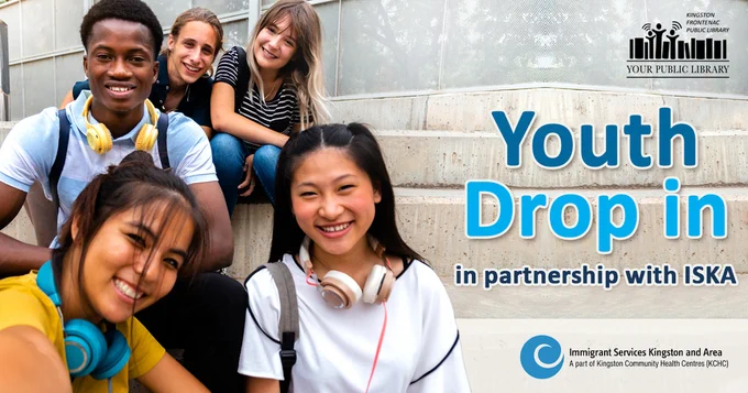 An image of 5 teens sitting on stone steps. The text reads Youth Drop in,  in partnership with ISKA.