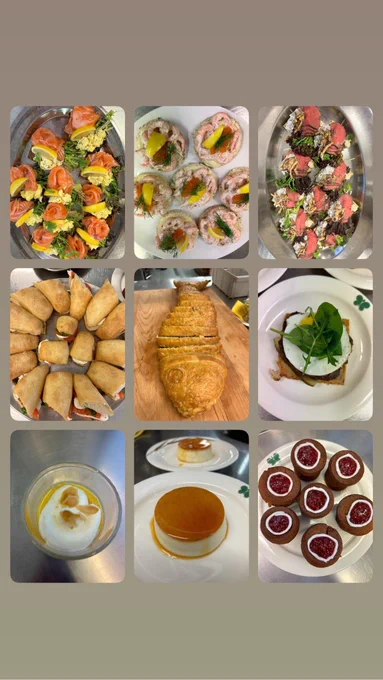 Top left: Gravad lax smörre brod
Top middle: Toast skagen
Top right: Roast beef smörrebröd
Middle left: Caprese sandwich on fresh ciabatta
Center: Coulibiac
Middle right: Opera smörre bröd
Bottom left: Vanilla panna cotta with orange
Bottom middle: Crème caramel (flan)
Bottom right: Runebergintorttu