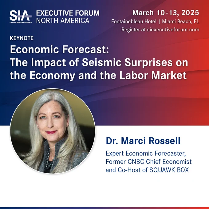 One of the most trusted names in financial reporting and economics comes to Staffing Industry Analysts' (SIA) 2025 Executive Forum North America. Dr. Marci Rossell draws on history, theory, and her ringside seat to Wall Street to provide an insider's perspective on the most important economic events of our time.

Dr. Rossell will deliver a U.S. economic outlook for the next 18-24 months as well as share its implications on the labor marketing and the staffing industry. Plus, she examines the impact of key factors such as:
📌 Inflation 
📌 Labor shortages
📌 Possibility of a recession
📌 Supply chain disruptions

Register for Executive Forum North America today >> siexecutiveforum.com