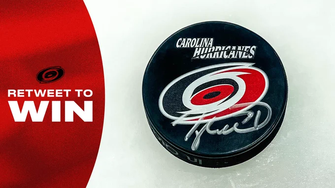 Graphic promoting a retweet to win contest for a signed Taylor Hall puck 