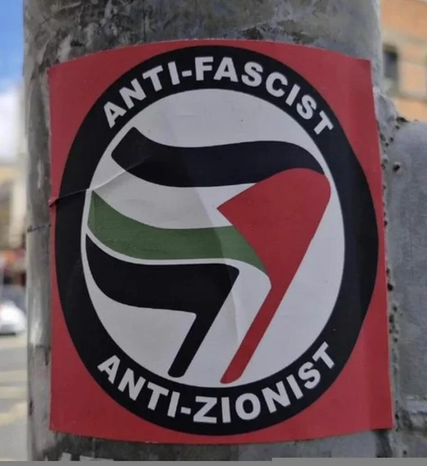 antifascist action two flag sticker that reads "anti-fasicst anti-zionist" with a palestinian flag on top of the blag flag.
