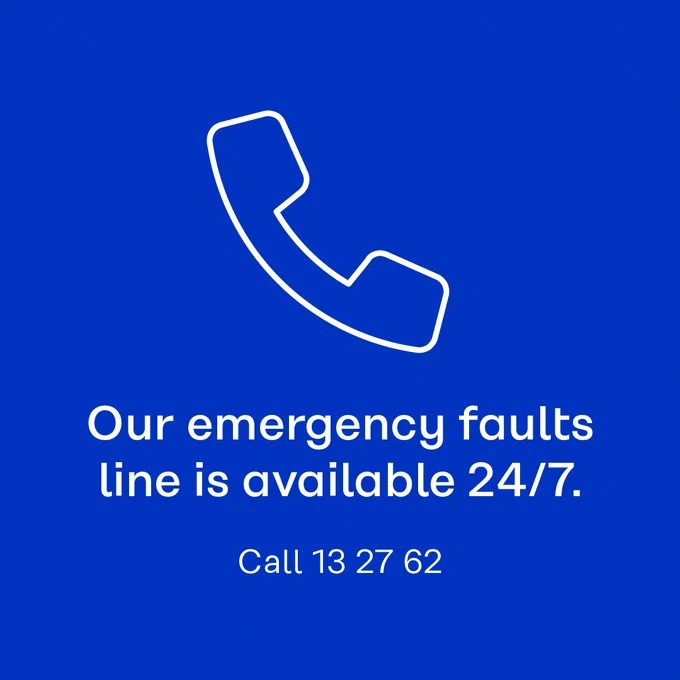 Logo of a telephone handset with text stating 'Our emergency faults line is available 24/7. Call 13 27 62' on a blue background.
