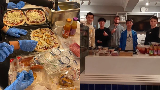 Left: A person preparing pizzas with various toppings, ingredients arrayed around. 
Right: Five people standing behind a kitchen counter filled with pizza-making supplies.