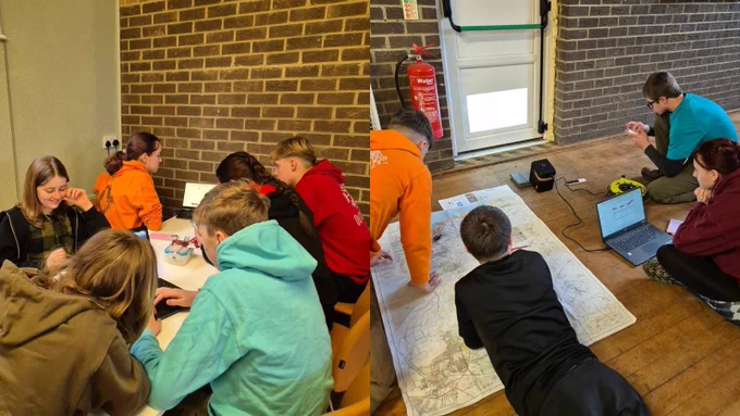 Two images side by side, featuring a group of students engaged in different activities. On the left, students sit around a table working on a project, while on the right, a young person uses a laptop and another student looks at a map spread on the floor.