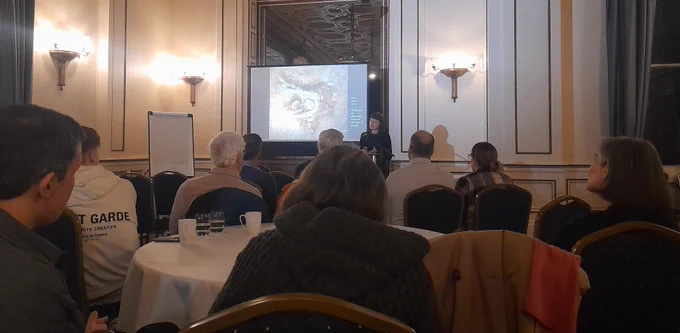 Carry Somers delivering her lecture in the Salvin Room, Keele Hall, titled, 'Weaving Solutions: Addressing Fibre and Dye Challenges through Nature and Innovation' 