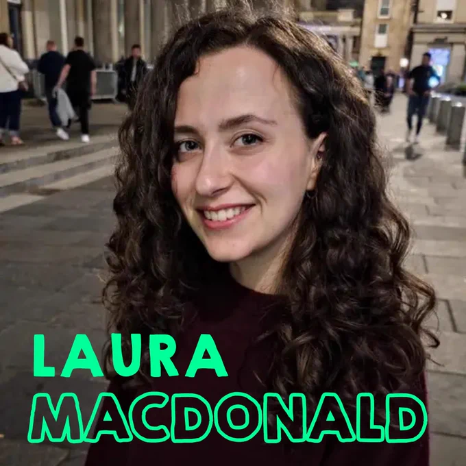 A photo of Laura Macdonald smiling on a street. Her name is written in green text underneath