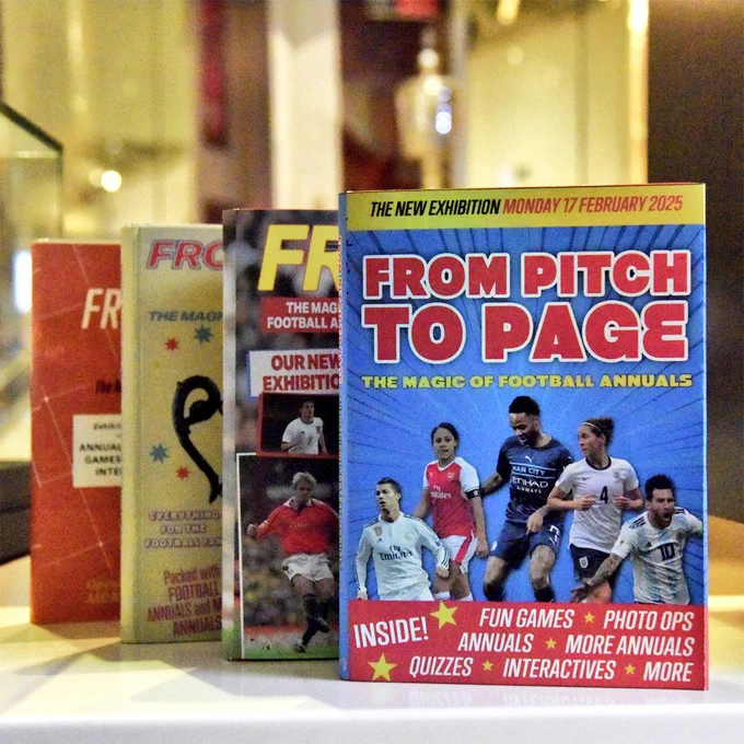 Four mocked up annuals from different eras featuring the exhibition title