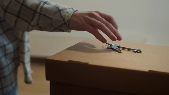 a person picks up the keys to a house.
