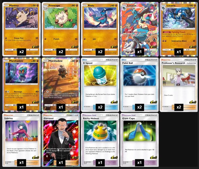 Deck list: Mankey x2, Primeape x2, Riolu x2, Lucario x2, Marshadow x2, X Speed x2, Poké Ball x2, Professor’s Research x2, Sabrina x1, Giovanni x1, Rocky Helmet x1, Giant Cape x1