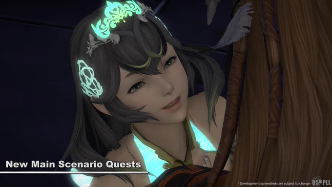 A slide from the Final Fantasy 14 Letter from the Producer Live 85 with text reading New Main Scenario Quests. In the background is a screenshot of two prominent characters from Final Fantasy 14 looking at each other.