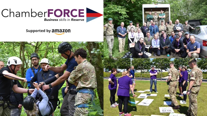 ChamberFORCE Business skills in Reserve, Supported by Amazon logo with images of people at events.