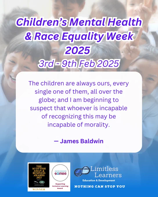 As we reflect on these powerful words by James Baldwin we are reminded of the deep-rooted systems of inequality that continue to affect young people today. 

This week, we stand for a generation where #mentalhealth and #raceequality are not optional but essential to every child’s well-being and success.

At Limitless Learners, we are committed to building a community of anti-racist tutors who prioritise the mental health of young people over grades. We believe that the future of education lies in creating safe, supportive spaces where children can thrive mentally, emotionally, and academically.

This Children’s Mental & Race Equality Week, we invite tutors who share our commitment to mental health and equality to join us in making a lasting impact.

👉 Learn more and sign up today: limitlesslearners.co.uk/tutor-directory/


#RaceEqualityWeek #ChildrensMentalHealthWeek #InclusiveEducation #LimitlessLearners #TutorDirectory