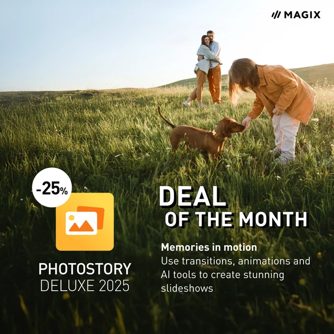 Promotional image for MAGIX Photostory Deluxe 2025 showing two adults and a dog in a field during sunset with text announcing a 25% discount for the 'Deal of the Month.'