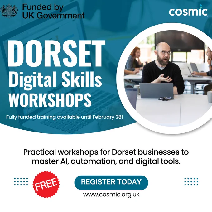 A poster that has an image in a circle and text saying, Funded by UK Government - Dorset Digital Skills Workshops Register now.
