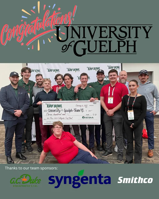 12 university students and their instructor smile at the camera, holding a giant cheque addressed to the University of Guelph-Team 43, Eight Place in the GCSAA Turf Bowl competition