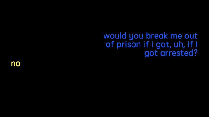 screen shot of shane and ryan's conversation on buzzfeed unsolved. ryan in blue text "would you break me out of prison if I got, uh, if I got arrested?" shane in yellow "no"