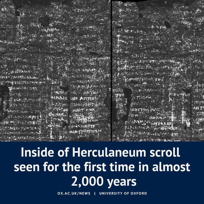 X-ray image showing the detailed interior text of a Herculaneum scroll, unread for nearly 2,000 years, with the logo of the University of Oxford at the bottom.