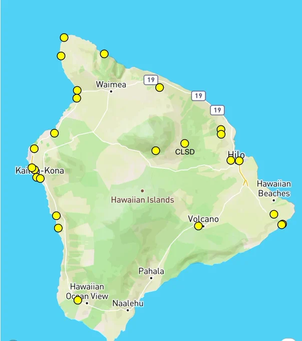 Map showing all POTA references on Hawaii Island. US-0117, Hakalau Forest National Wildlife Refuge, is currently closed to the public except for birdwatching tours conducted by permitted guide companies.