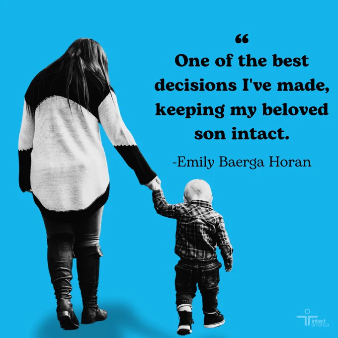 An adult and a young child holding hands and walking forward, set against a blue background with a quote by Emily Baerga Horan about making a cherished decision, displayed in white text.