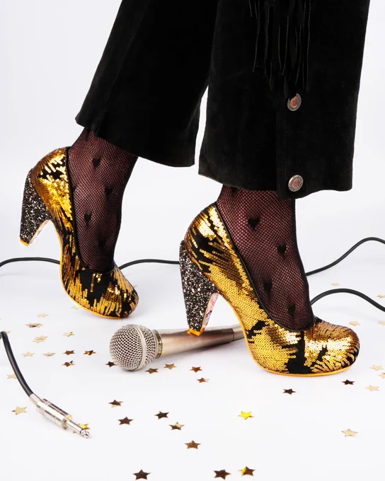 Irregular Choice 'In For The Thrill' cone heels. Black body, gold sequins. Black multi-glitter heel