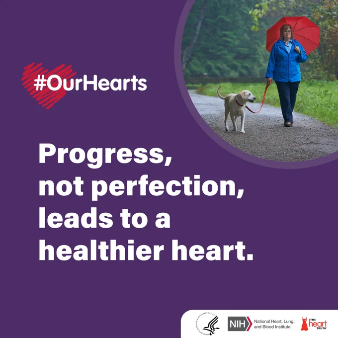 A purple-colored square with an image of a person in a blue rain coat and red umbrella walking a yellow Labrador in the upper right corner. Text in white states “#OurHearts – Progress, not perfection, leads to a healthier heart.” 
