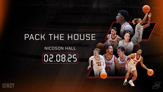 Pack the House graphic featuring members of the UIndy basketball teams.