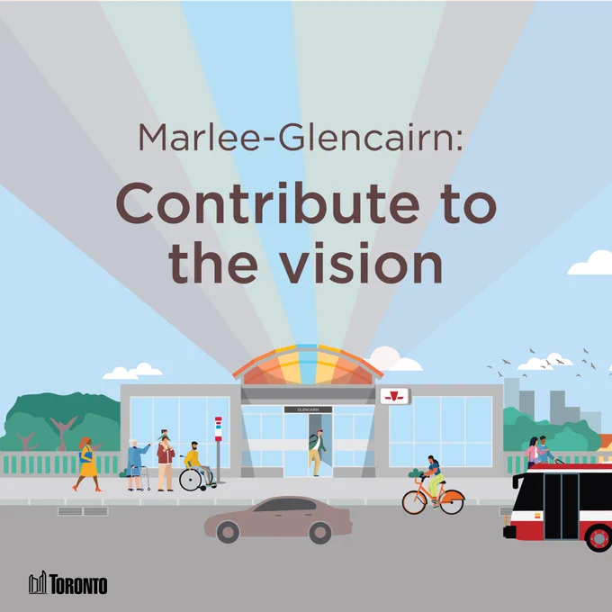 Illustration of the Glencairn Subway Station with people on foot, bicycle, and using mobility aids, including a wheelchair and a walker. The illustration also shows a car and TTC bus in the foreground, with trees and low, mid, and high-rise buildings in the background.