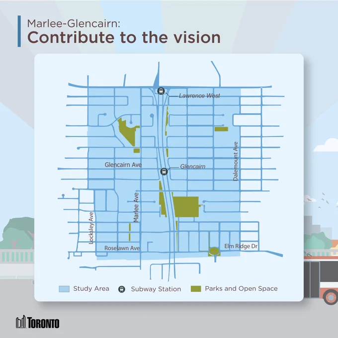 A map of the Growing Glencairn Primary Study Area in the City of Toronto, generally bounded by Lawrence Avenue West to the north, Dalemount Avenue and Lawnhurst Boulevard to the east, the York-Kay Gardner Beltline Trail to the south, and Capitol Avenue, Corona Street/Times Road to the west.